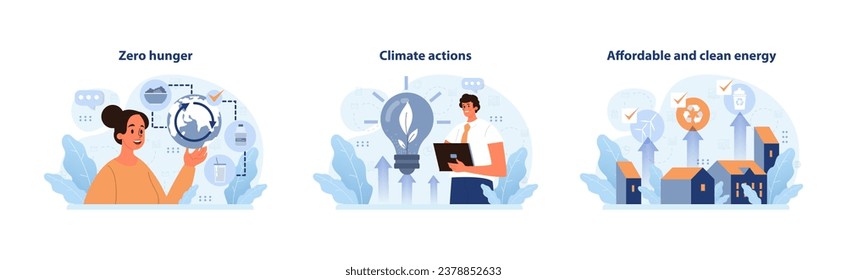 SDG or sustainable development goals set. Global target for better future. Environment protection, social progress and innovative technologies. ESG and CSR. Flat vector illustration