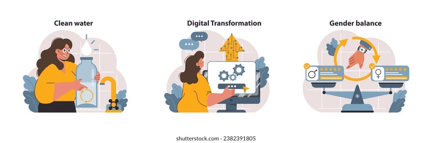 SDG or sustainable development goals set. Global target for better future. Environment protection, social progress and innovative technologies. ESG and CSR. Flat vector illustration