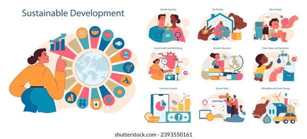 SDG or sustainable development goals set. Global target for better future including gender equality, health, education, clean energy, and economic growth. ESG and CSR. Flat vector illustration