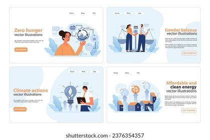 SDG or sustainable development goals web banner or landing page set. Global better future. Environment protection, social progress and innovative technologies. ESG and CSR. Flat vector illustration