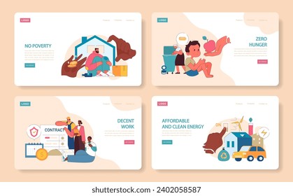 SDG or sustainable development goals web or landing set. Global target for better future including equality, health, education, clean energy, and economic growth. ESG and CSR. Flat vector illustration