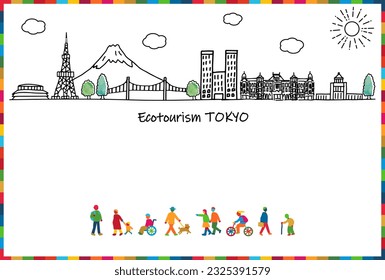 SDGs 17 colors ecotourism TOKYO JAPAN cityscape and diverse people, vector