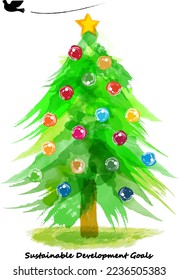 SDGs 17colors watercolor Christmas tree and a peace dove, vector