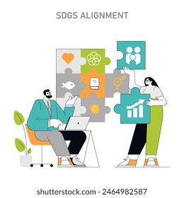SDGs Alignment concept Professionals engaging with sustainable development goals for a resilient future Corporate integration of global eco-friendly objectives Vector illustration