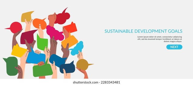 SDGs development goals environment. Men's hands exchange ideas and holding speech bubble with vote. Team cooperation and communicate banner template. Diversity group with message vector illustration