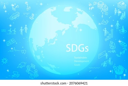SDGs, glowing earth and SDGs text and goal icons, blue background with glittering stars