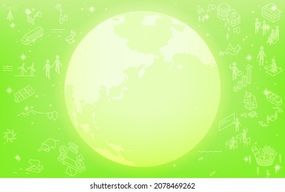 SDGs, grüner Hintergrund, Öko-Bild mit leuchtender Erde und SDGs Zielsymbol, glänzender grüner Hintergrund mit funkelnden Sternen