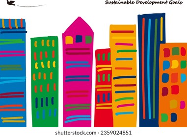 Imagen de SDG Ciudad sostenible, árboles e ilustración de paloma, vector