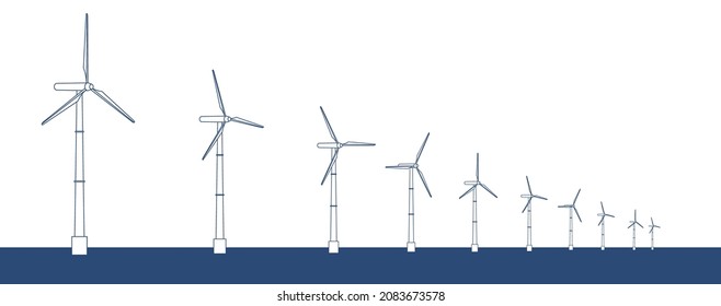 SDGs, Image of Sustainable Development Goals. Landscape illustration of a clean wind power generator tower. Decarbonization efforts.Wind power generation over the ocean. Line drawing.