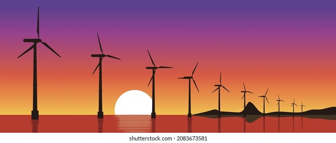 SDGs, Image of Sustainable Development Goals. Landscape illustration of a clean wind power generator tower. Decarbonization efforts. Wind power generation over the ocean. Backlit landscape at dusk.