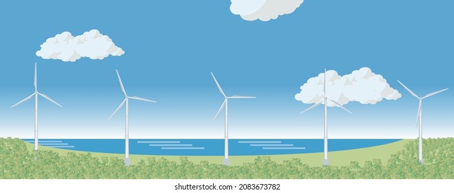 SDGs, Image of Sustainable Development Goals. Landscape illustration of a clean wind power generator tower. Decarbonization efforts.