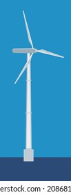 ODS, imagen de los Objetivos de Desarrollo Sostenible. Ilustración paisajística de una torre de generación de energía eólica limpia. Esfuerzos de descarbonización. Generación de energía eólica sobre el océano.