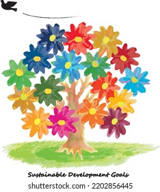 SDGs image watercolor flowers and a peace dove illustration