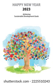SDGs image watercolor tree and Rabbits 2023 new year card template, vector