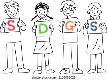 SDGs letters and full body children hand drawing illustration, vector