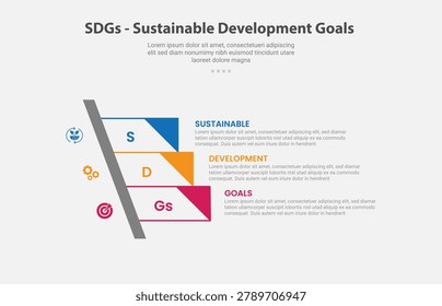 SDGs sustainable development goals infographic outline style with 3 point template with sharp rectangle stairway ladder with triangle edge for slide presentation vector