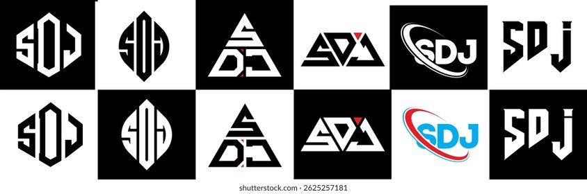 SDJ letter logo design in six style. SDJ polygon, circle, triangle, hexagon, flat and simple style with black and white color variation letter logo set in one artboard. SDJ minimalist and classic logo