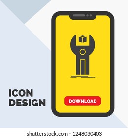 SDK, App, development, kit, programming Glyph Icon in Mobile for Download Page. Yellow Background