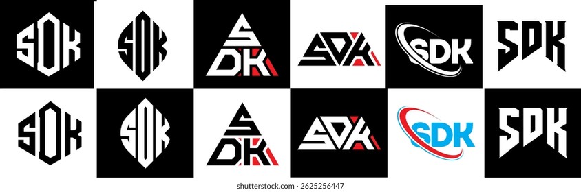 SDK letter logo design in six style. SDK polygon, circle, triangle, hexagon, flat and simple style with black and white color variation letter logo set in one artboard. SDK minimalist and classic logo