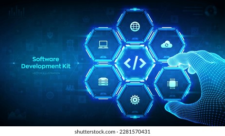 SDK. Software development kit programming language technology concept on virtual screen. Programming code. Wireframe hand places an element into a composition visualizing SDK. Vector illustration.