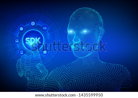 SDK. Software development kit programming language technology concept on virtual screen. Technology Concept. Wireframed cyborg hand touching digital interface. AI. Vector illustration.