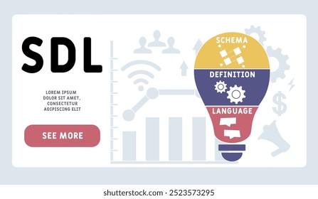 sdl - linguagem de definição de esquemas acrônimo. plano de fundo do conceito de negócios. conceito de ilustração vetorial com palavras-chave e ícones. ilustração de letras com ícones para banner da web, folheto, landing