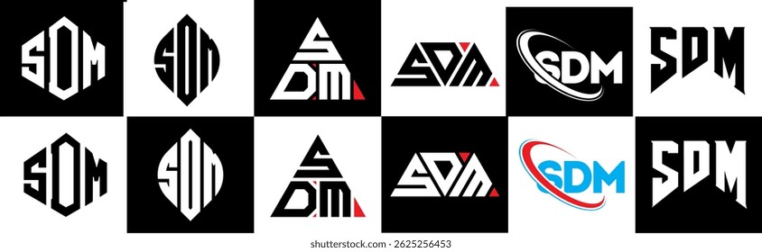 SDM letter logo design in six style. SDM polygon, circle, triangle, hexagon, flat and simple style with black and white color variation letter logo set in one artboard. SDM minimalist and classic logo