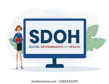 SDOH - Soziale Determinanten der Gesundheit Akronym. Hintergrund des Unternehmenskonzepts. Vektorgrafik-Konzept mit Schlagwörtern und Symbolen. Buchstabengrafik mit Symbolen für Webbanner, Flyer