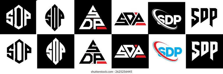 SDP letter logo design in six style. SDP polygon, circle, triangle, hexagon, flat and simple style with black and white color variation letter logo set in one artboard. SDP minimalist and classic logo