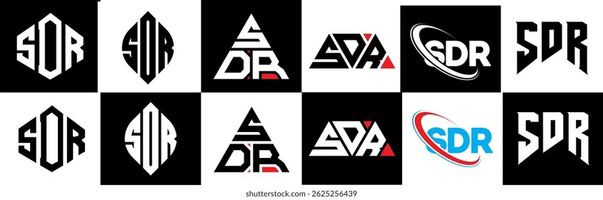 SDR letter logo design in six style. SDR polygon, circle, triangle, hexagon, flat and simple style with black and white color variation letter logo set in one artboard. SDR minimalist and classic logo