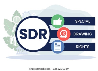 SDR, Special Drawing Rights acronym. Concept with keywords, people and icons. Flat vector illustration. Isolated on white background.