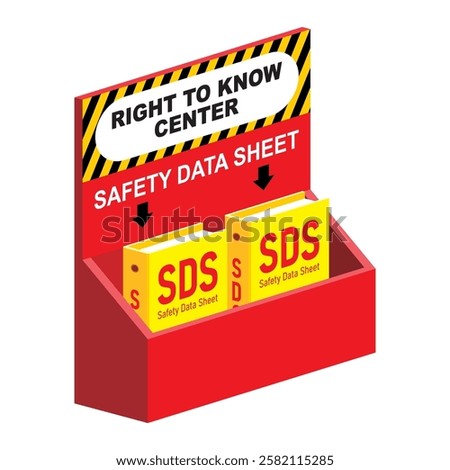SDS information center in isometric view with two space for document illustration. Safety data sheet centralized compliance for industrial or construction work.