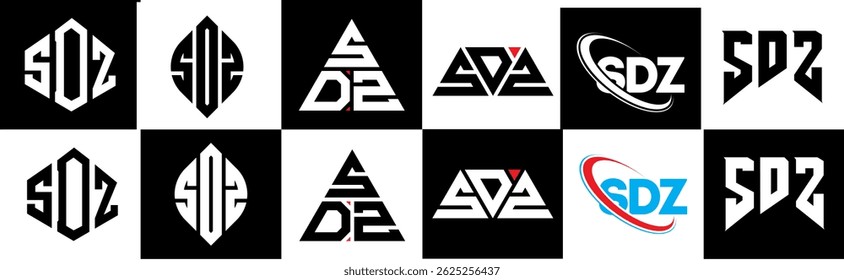 SDZ letter logo design in six style. SDZ polygon, circle, triangle, hexagon, flat and simple style with black and white color variation letter logo set in one artboard. SDZ minimalist and classic logo