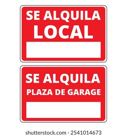 Se alquila local e se alquila plaza de garagem assina sobre um fundo branco (trad. Local para alugar e espaço de estacionamento para alugar)