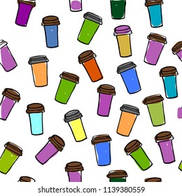 Se amless patern of paper Coffee Cups on white background.  Vector Template, hand drawn vector illustration. Hot drinks take away concept