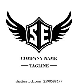 SE bold shield logo with wings, customizable with letters A to Z. Perfect for brands seeking a powerful symbol of strength, freedom, and ambition