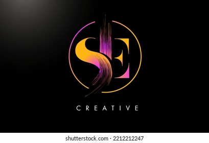 SE Brush Stroke Letter Logo Design. Orange Purple Paint Logo Leters Icon with Elegant Circle Vector Design.