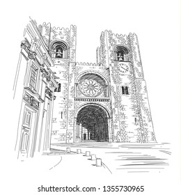 Se Cathedral in Lisbon - Vector illustration, hand drawing 