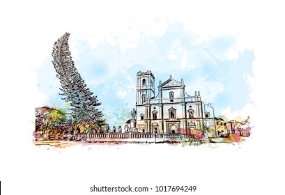 Se Cathedral in Old Goa , Goa India. Watercolor splash with hand drawn sketch illustration in vector.