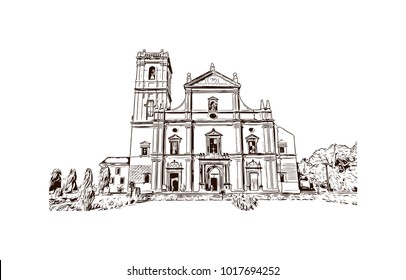 Se Cathedral in Old Goa, Goa India. Hand drawn sketch illustration in vector.