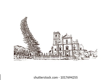 Se Cathedral in Old Goa, Goa India. Hand drawn sketch illustration in vector.