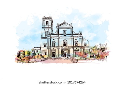 Se Cathedral in Old Goa , Goa India. Watercolor splash with hand drawn sketch illustration in vector.