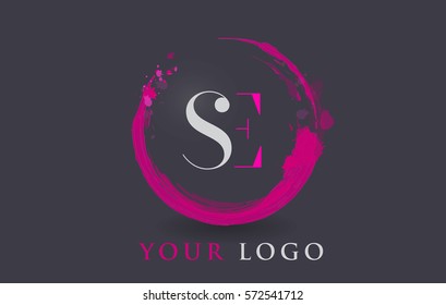 SE Circular Letter Brush Logo. Pink Brush with Splash Concept Design.