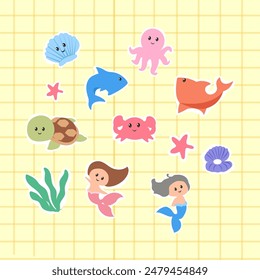 se of collection cute sticker sea animal vector