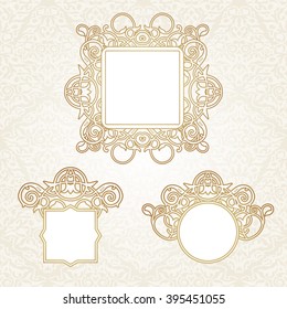 Se of decorative  frames for design template. Elegant border in Eastern style. Golden outline floral border. Lace decor for invitations, greeting cards, certificate, thank you message.