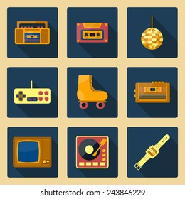 Se of flat icons on 80s theme for your design
