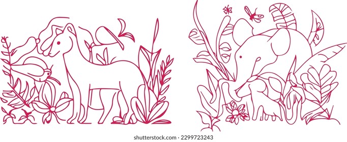 Se of Flora and Fauna Elements line art vector 