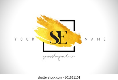 SE Golden Letter Logo Design with Creative Gold Brush Stroke and Black Frame.