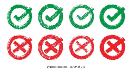 Se of grunge check mark and cross icons. Green check mark OK and red X icons, symbols YES and NO button for vote, decision, election choice - vector 