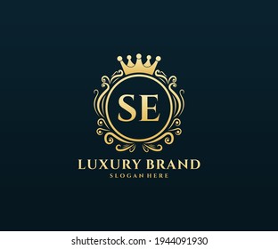 SE Initial Letter, Gold text with feminine floral hand drawn heraldic monogram, Antique vintage style luxury logo design.